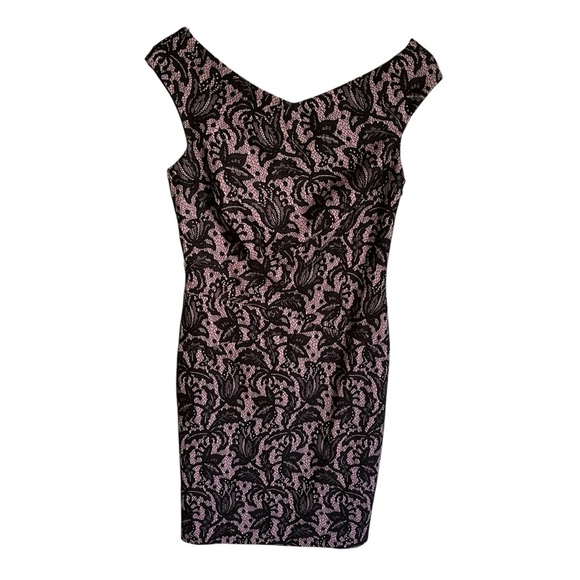 Kay Unger Womens 8 Pink Black Lace Overlay Elegant Sheath Dress Wedding Party - Picture 1 of 9